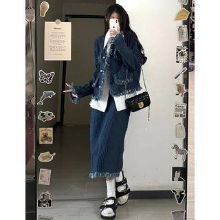 Frayed Loose-fit Denim Jacket / Long-sleeve Plain Shirt / Frayed Denim Midi Skirt