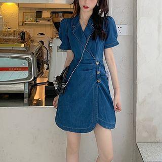 Short-sleeve Lapel Asymmetrical Denim Dress