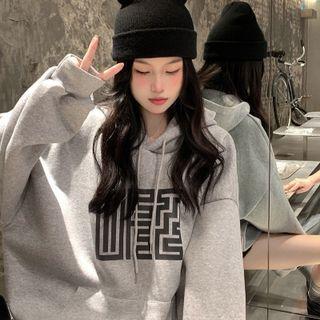 Printed Hooded Oversize Sweatshirt Gray - One Size