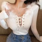 Lace-up Fluffy Trim Knit Top