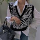 Plain Shirt / Zebra Print Knit Vest