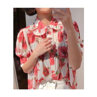 Puff-sleeve Printed Chiffon Blouse