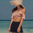 Set: Short-sleeve Cold Shoulder Ruffled Drawstring Swim Top + Swim Skirt