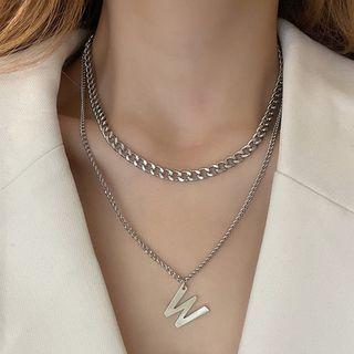 Lettering Layered Necklace 3667 - Silver - One Size