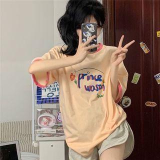 Short Sleeve Lettering Contrast Trim T-shirt Almond - One Size