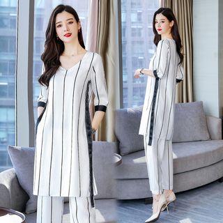 Set: 3/4-sleeve Striped Long Top + Straight-fit Pants