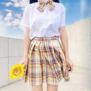 Short-sleeve Shirt / Plaid Bow / Plaid A-line Skirt / Neck Tie / Set