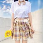 Short-sleeve Shirt / Plaid Bow / Plaid A-line Skirt / Neck Tie / Set