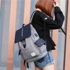 Color Block Nylon Backpack With Usb Charging Port