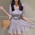 Set: Short-sleeve Dotted Chiffon Top + A-line Mini Skirt