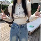 Set: Short-sleeve Polo-neck Rabbit Embroidered Knit Top + Oversleeves Beige Almond - One Size