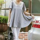 Short-sleeve Lace-panel Top Gray - One Size