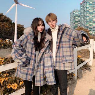 Furry Hood Plaid Padded Jacket