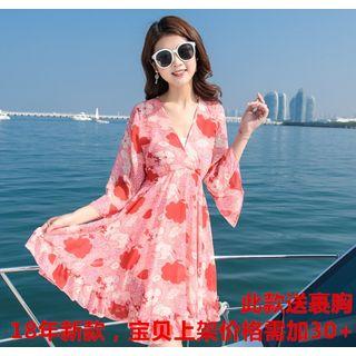 Dolman-sleeve Floral Print A-line Sheath V-neck Dress