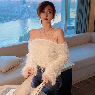 Cold-shoulder Rhinestone Fringed Top
