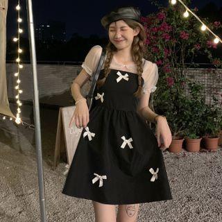 Puff Sleeve Mesh Panel Plain Bow Accent Dress