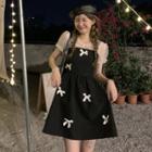 Puff Sleeve Mesh Panel Plain Bow Accent Dress