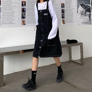 Letter Embroidered Denim Jumper Dress Black - One Size