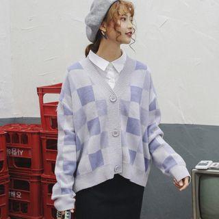 V-neck Plaid Cardigan Blue - One Size