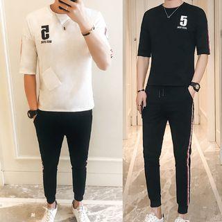 Set: Elbow-sleeve Letter T-shirt + Letter Trim Harem Pants