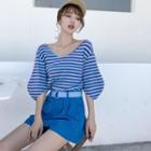 Striped Loose-fit T-shirt Blue - One Size