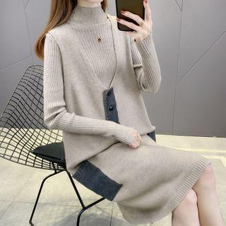 Set: Mock-neck Knit Top + Sleeveless Midi Dress