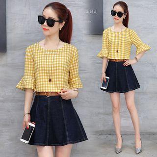 Set: Bell-sleeve Gingham Top + Denim Skirt