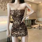Leopard Off-shoulder Drawstring Mini Dress Leopard - One Size