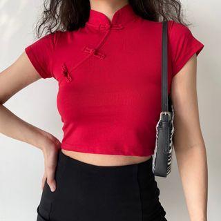 Cropped Stand-collar Frog-button Short-sleeve Top