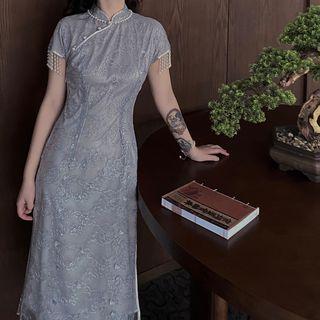 Faux Pearl Embroidered Cap-sleeve Midi Qipao
