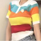 Knit Short-sleeve Rainbow Striped Polo Shirt