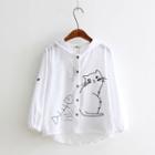 Cat Printed Buttoned Hooded Light Jacket White - One Size