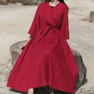 3/4-sleeve Linen Maxi Dress
