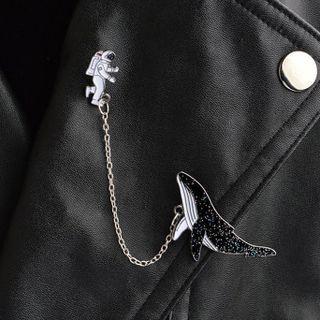 Astronaut Whale Chained Alloy Brooch 1 Pc - Black & White & Silver - One Size