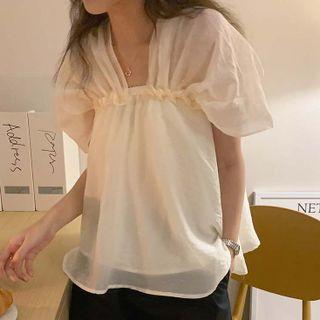 Short-sleeve Plain Blouse Beige - One Size
