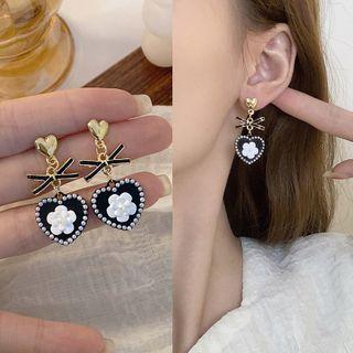 Floral Heart Drop Earring Black - One Size