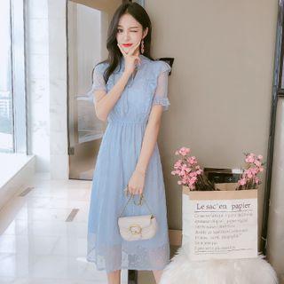 Short-sleeve Ruffle Midi A-line Lace Dress