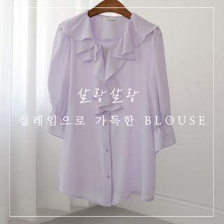 Ruffle-collar Elbow-sleeve Blouse