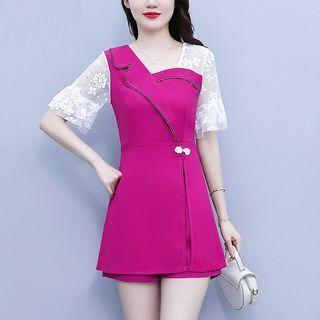 Set: Short-sleeve Lace Panel Tunic + Shorts