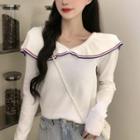 Long-sleeve Sailor Collar Knit Top White - One Size