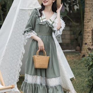 Elbow-sleeve Wide-collar Lace Trim Midi A-line Dress