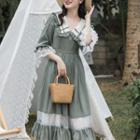 Elbow-sleeve Wide-collar Lace Trim Midi A-line Dress