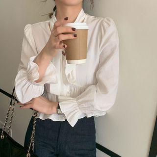 Bell-sleeve Plain Tie-neck Blouse