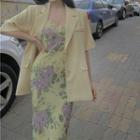 Elbow-sleeve Blazer / Strappy Floral Midi Sheath Dress