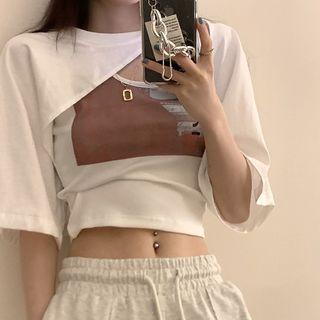Short-sleeve Asymmetrical Cropped T-shirt /print Tank Top