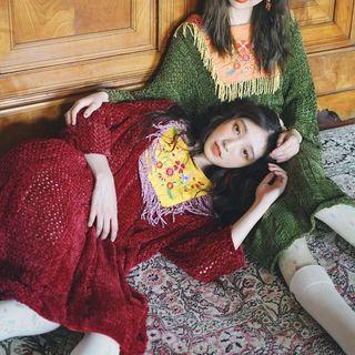 Embroidered Fringed Trim Long-sleeve Knit Dress
