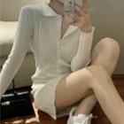 Collared Long-sleeve Knit Dress White - One Size