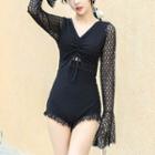 Bell-sleeve Open-back Lace Swimsuit