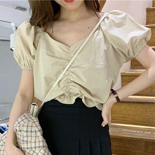 Puff-sleeve Crinkled Top As Shown In Figure - One Size