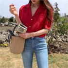 Open-placket Puff-sleeve Blouse Red - One Size